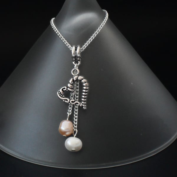 Peach & ivory pearl heart charm necklace