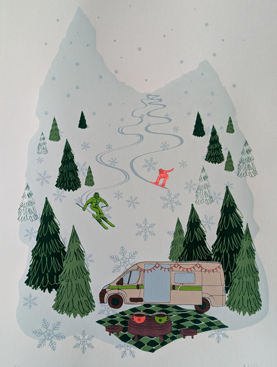 Screenprint of a skier and snowboarder with campervan and hot chocolate