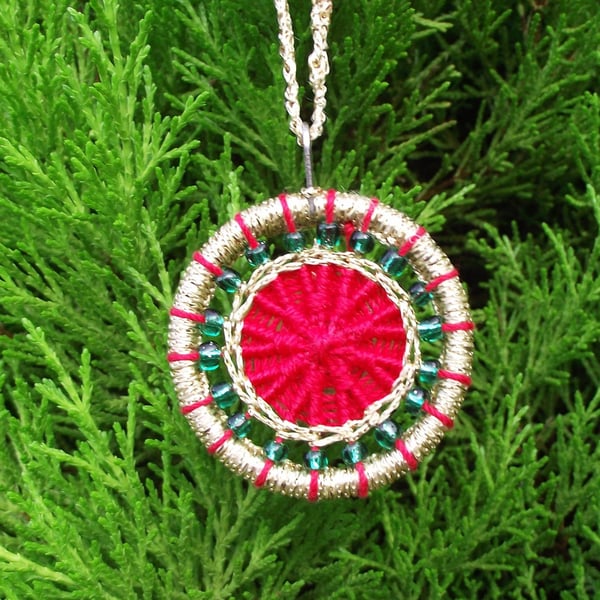 Christmas Decoration, Dorset Button, Gold, Green, Red, Green Beads, Handmade