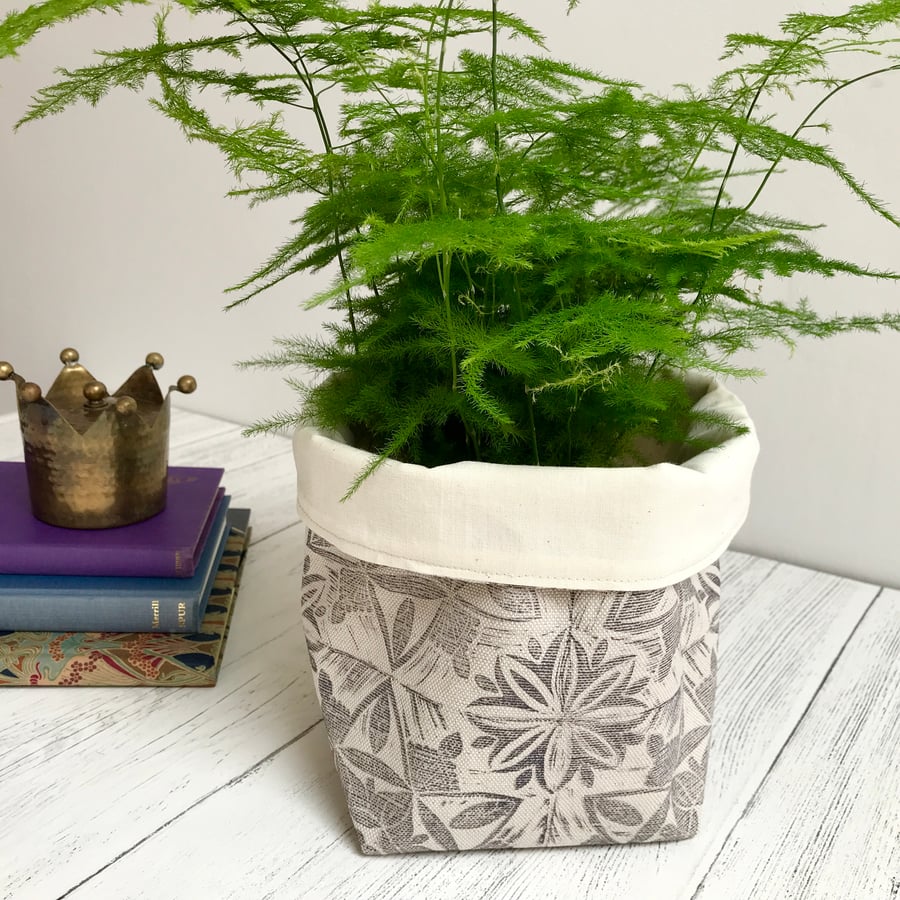 Hand Printed Linen Storage Basket, Textile Basket, Plant Pot - Lavender