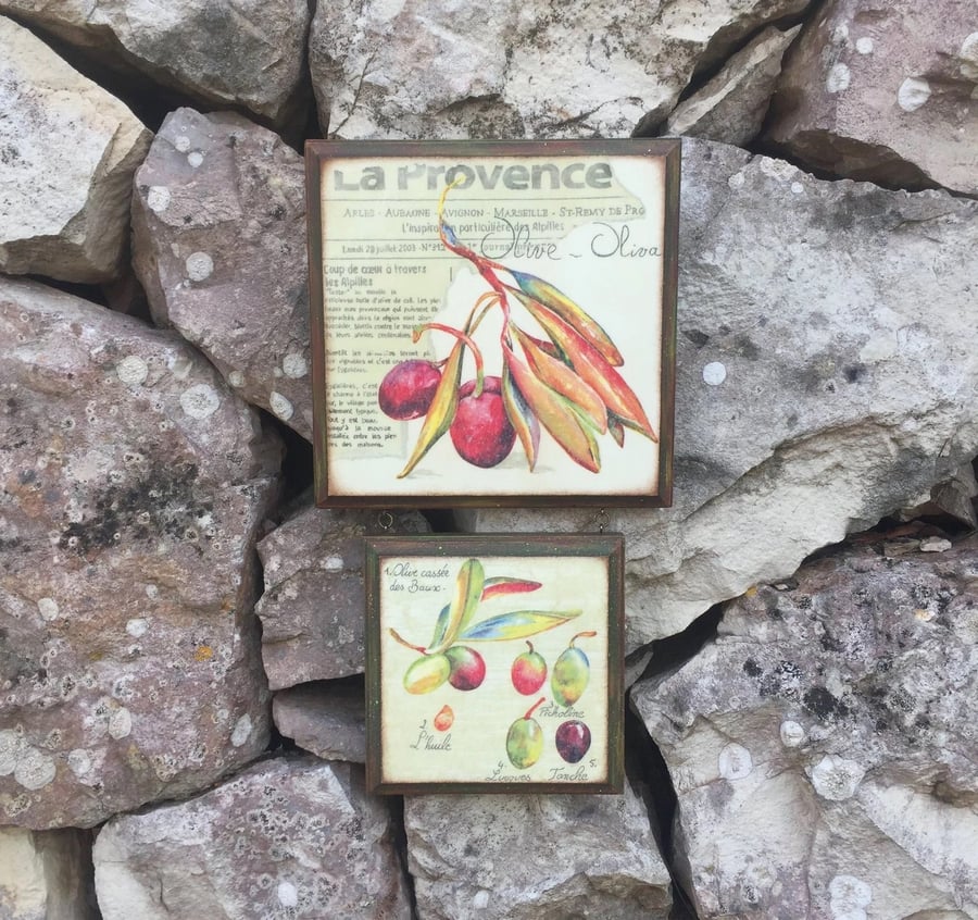 Handcrafted Wooden Diptych Sign – Rustic Olive Design with Vintage Provence Cha