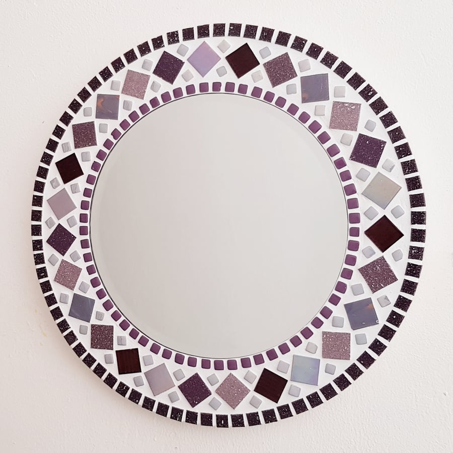 Mosaic Wall Mirror Round 30cm in Purple & Grey Bathroom Mirror FREE P&P