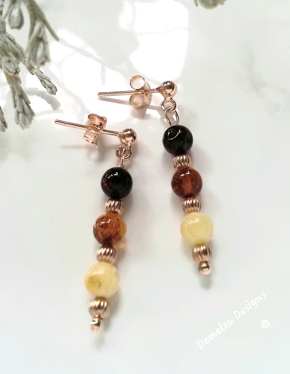 Baltic Amber Drop Stud Rose Gold Vermeil Earrings (925 sterling silver)