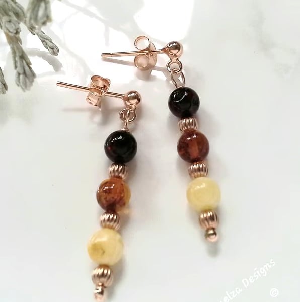 Baltic Amber Drop Stud Rose Gold Vermeil Earrings (925 sterling silver)