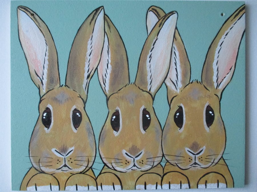 Bunny Rabbit Original Painting on Wood Hanging Decoration Picture Art