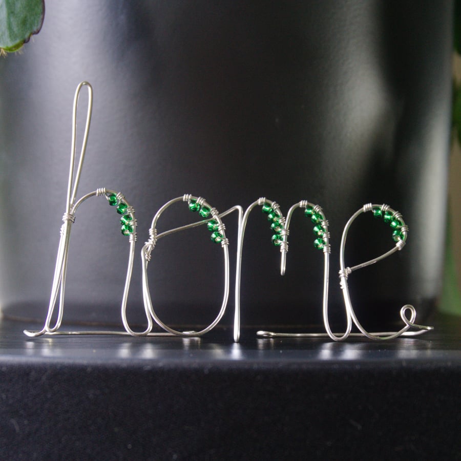 Beaded Home - Freestanding Wire Writing Decoration with Green Beading