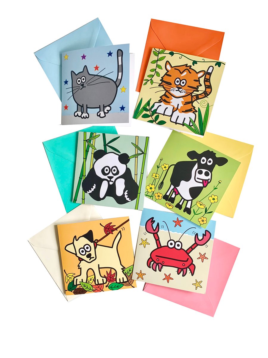 Digg Design 6pk of colourf animal design blank NOTELET cards. Coloured envelopes
