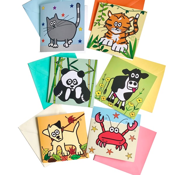 Digg Design 6pk of colourf animal design blank NOTELET cards. Coloured envelopes