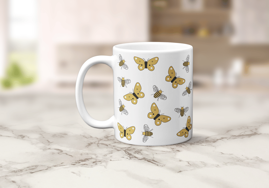 White with Butterflies and Bees Design Mug, Tea Coffee Cup