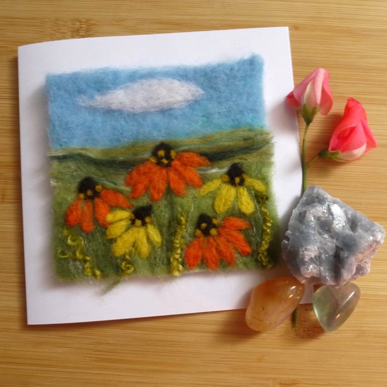 Needle felted Summer Echinacea greetings card