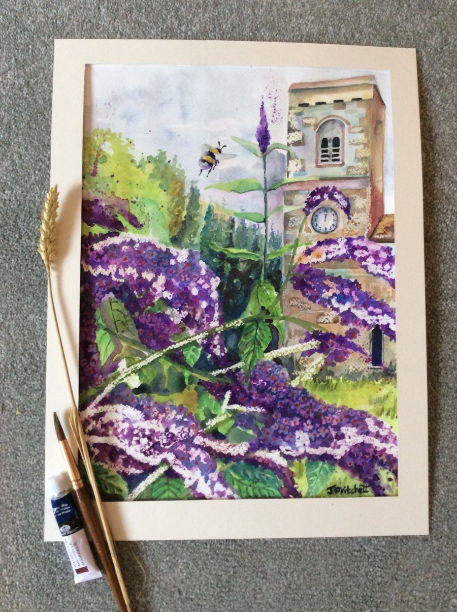 Original watercolour painting of Purple buddleia with church in background.