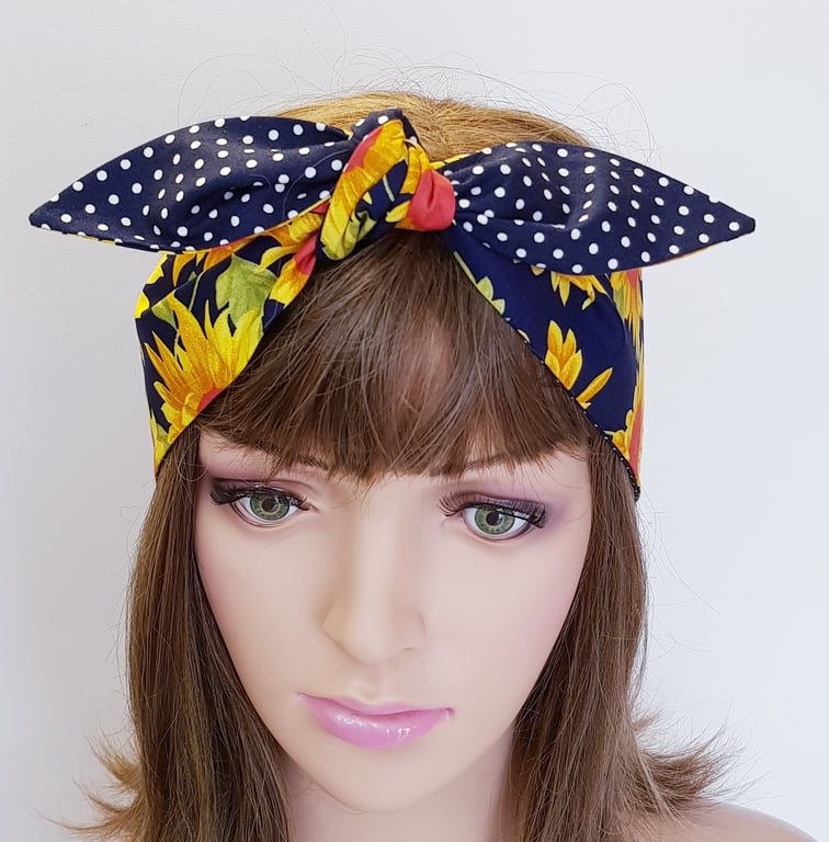 Reversible hair scarf self tie retro style headband cotton hair tie headscarf