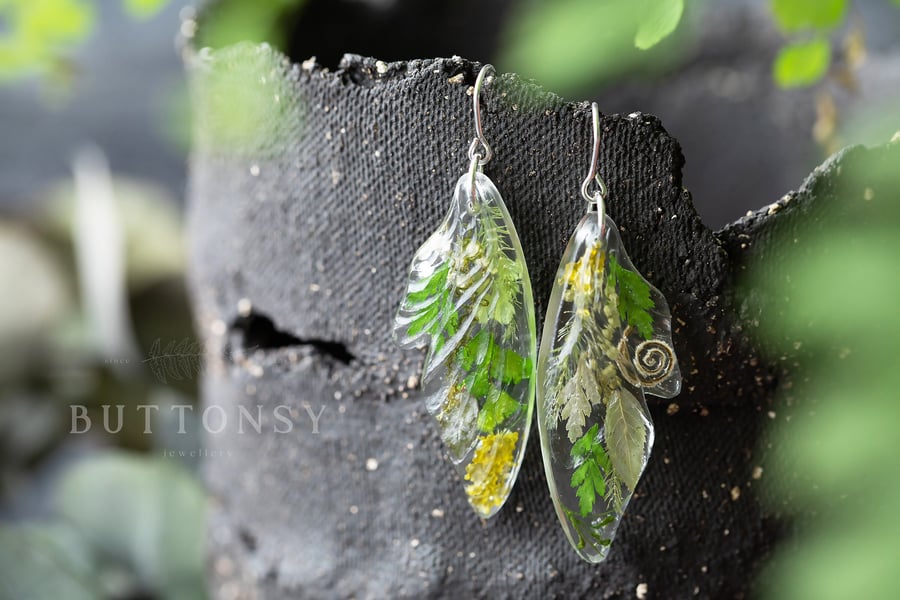 Green Faerie Wing Earrings Statement Earrings Real Flower Earrings Dangle Earrin