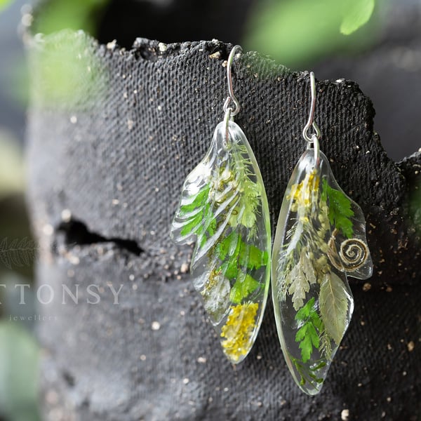 Green Faerie Wing Earrings Statement Earrings Real Flower Earrings Dangle Earrin