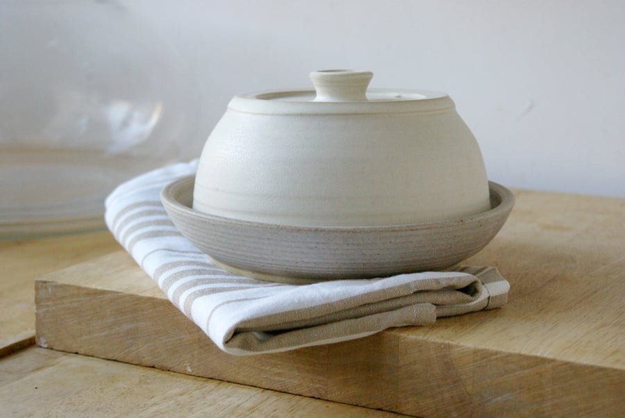 Large handmade pottery cheese dish - hand thrown and glazed in vanilla cream