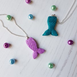Mermaid Tail Pendant Necklace, glitter, handmade, polymer clay, gloss