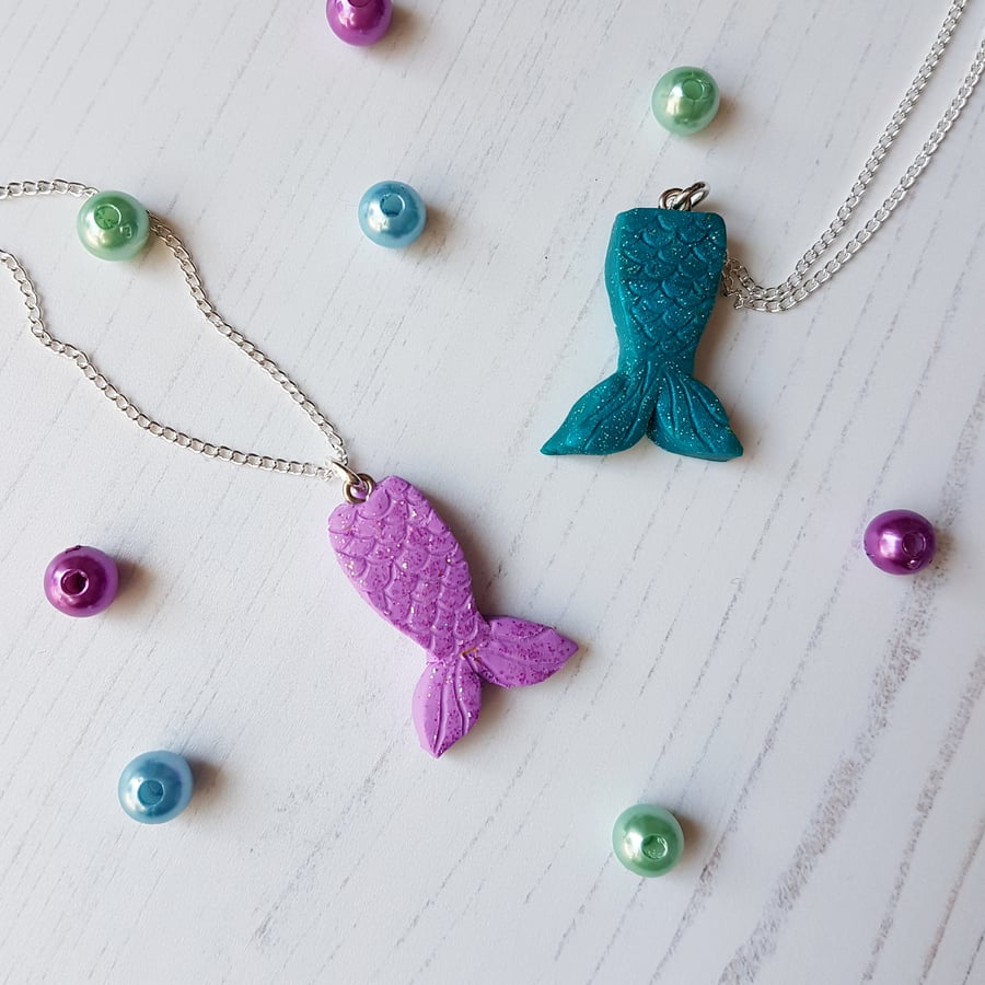 Mermaid Tail Pendant Necklace, glitter, handmade, polymer clay, gloss