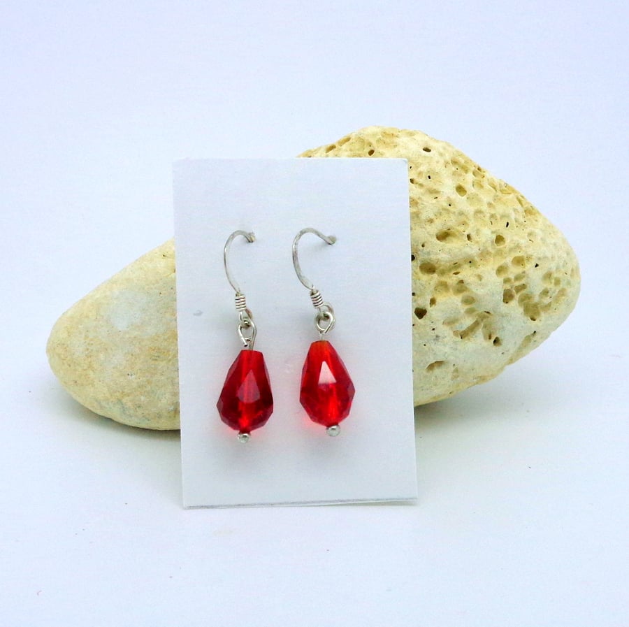 Small red crystal drop beads on sterling silver hook earrings