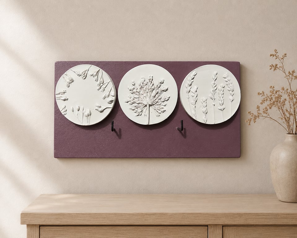 Botanical Plaster Cast Wall Key Holder - Handmade Floral Entryway Wall Art