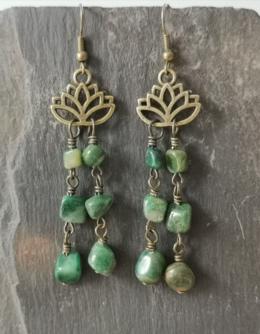 Green African jade gemstone drop and lotus flower charm antique gold earrings