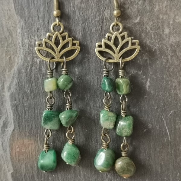 Green African jade gemstone drop and lotus flower charm antique gold earrings
