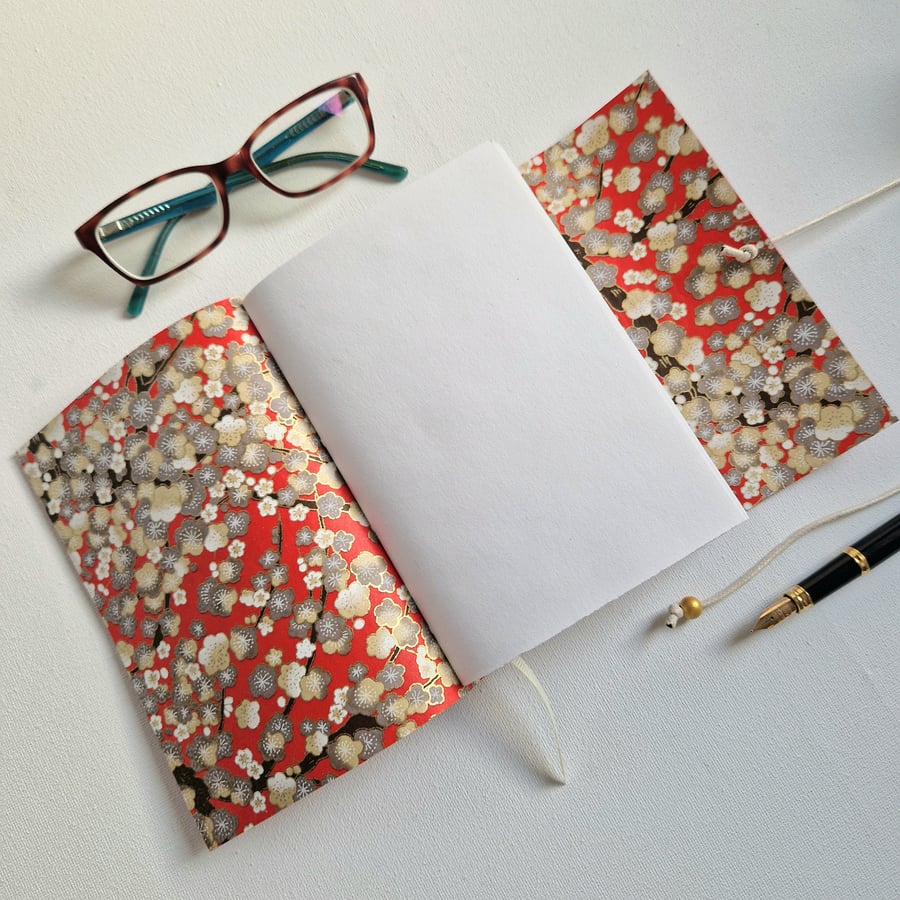Red Chiyogami Blossom Journal, Notebook or Sketchbook, Hand Bound, Gift for her