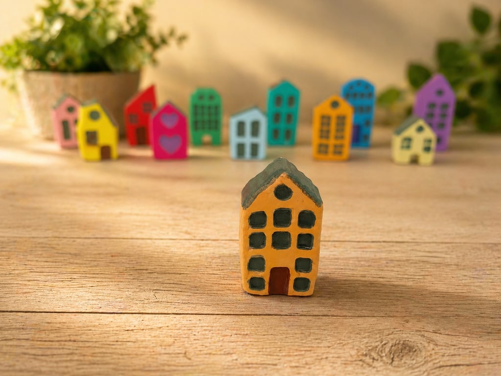 Handmade Mini Clay House - Light orange Painted Village Decor