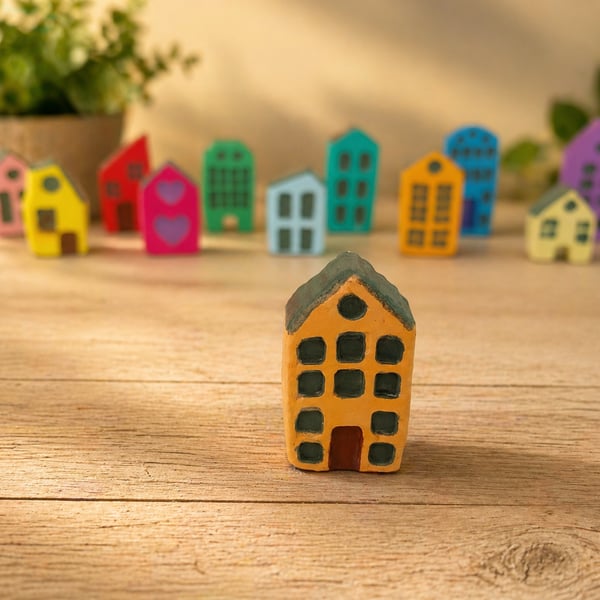 Handmade Mini Clay House - Light orange Painted Village Decor