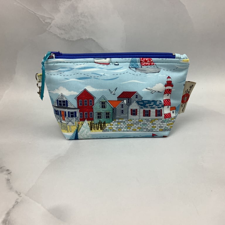 Seafront makeup bag, seaside zip bag, Handmade