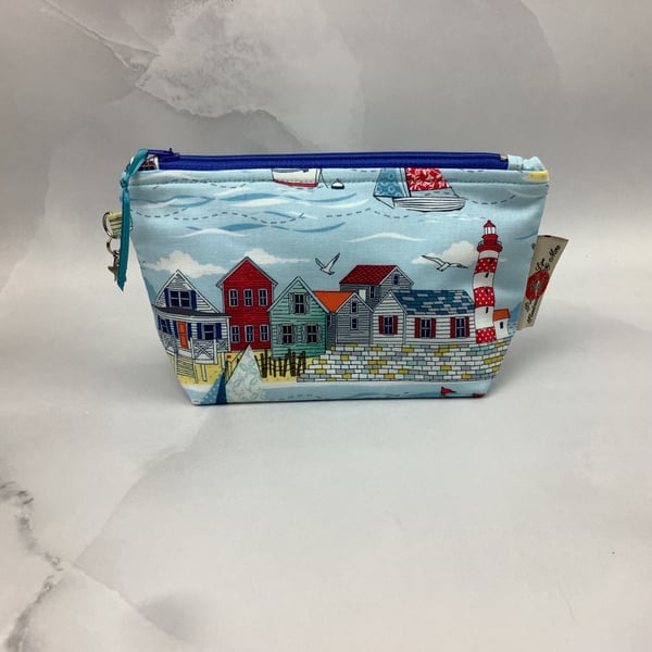 Seafront makeup bag, seaside zip bag, Handmade