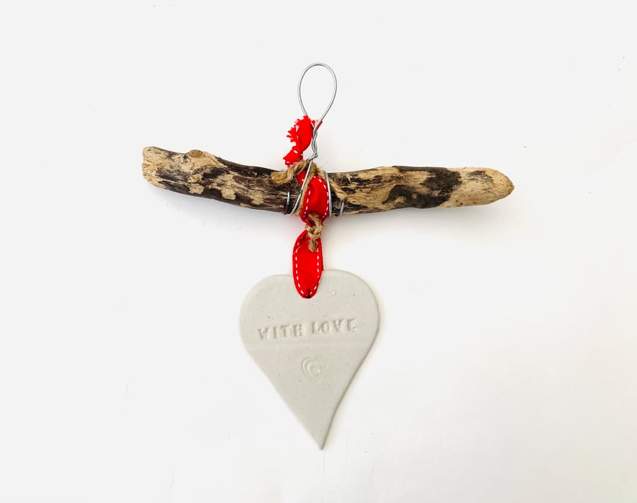 Bespoke Driftwood, Loveheart hanger, pottery, gift idea, birthday, clay, 