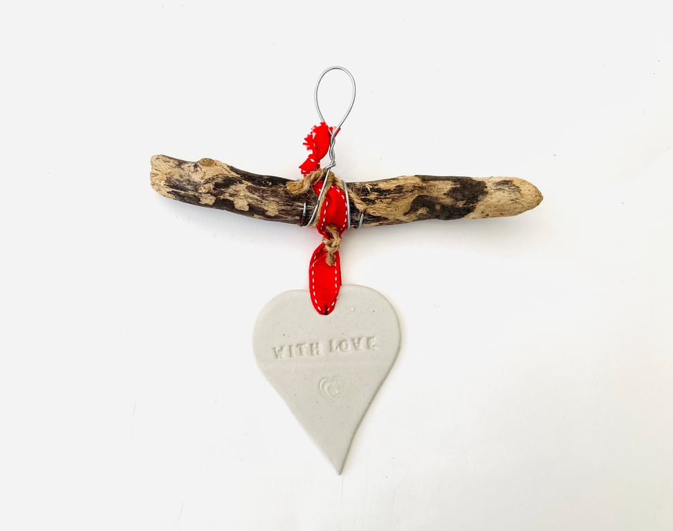 Bespoke Driftwood, Loveheart hanger, pottery, gift idea, birthday, clay, 
