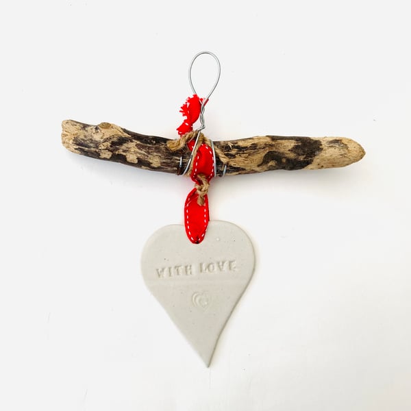 Bespoke Driftwood, Loveheart hanger, pottery, gift idea, birthday, clay, 