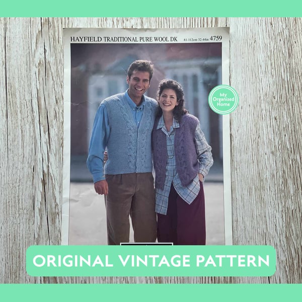 Hayfield 4759 vintage men’s and women’s waistcoats jumper knitting pattern, 1980
