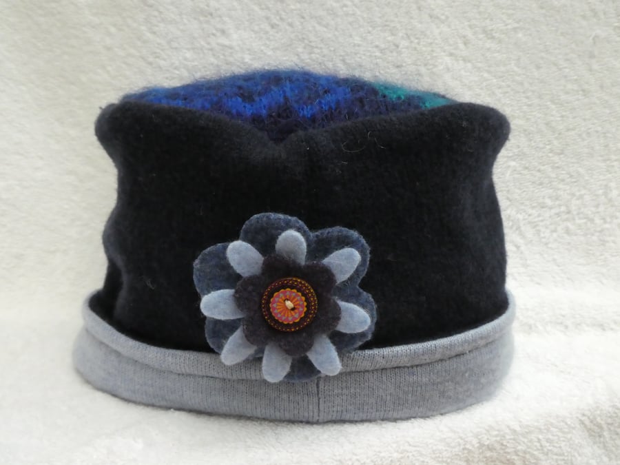 Wool Hat Created from Up-cycled Sweaters. Mohair Crown. Ladies Hat. Flower Pin
