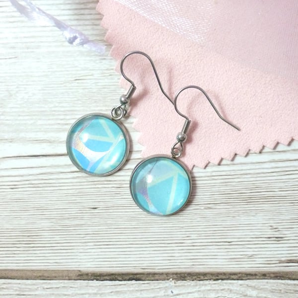 Blue dangle earrings, shades of blue and holographic foil highlights