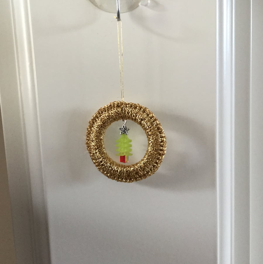 Crochet Christmas Decoration in Gold with a Beaded Tree