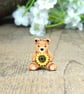 Sunflower Gift, Handmade Sunflower Tiny Bear Pin, Teddy Badge, Sunflower Brooch - Image 1