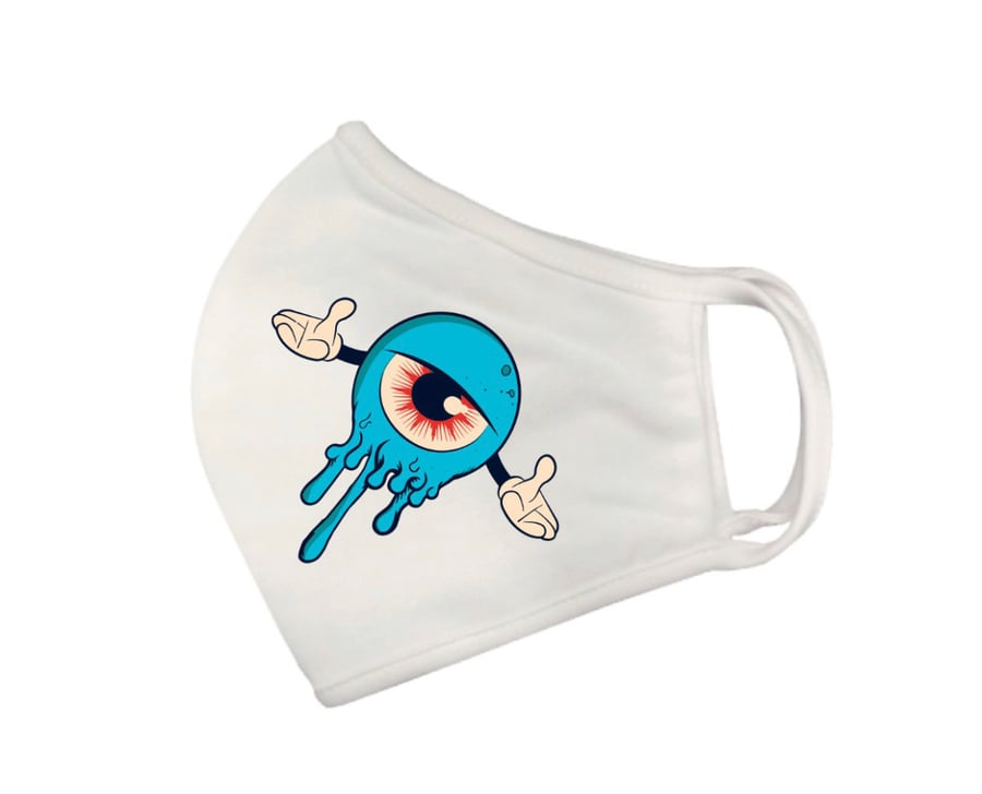 Printed Cartoon Eyeball Washable Facemask in White