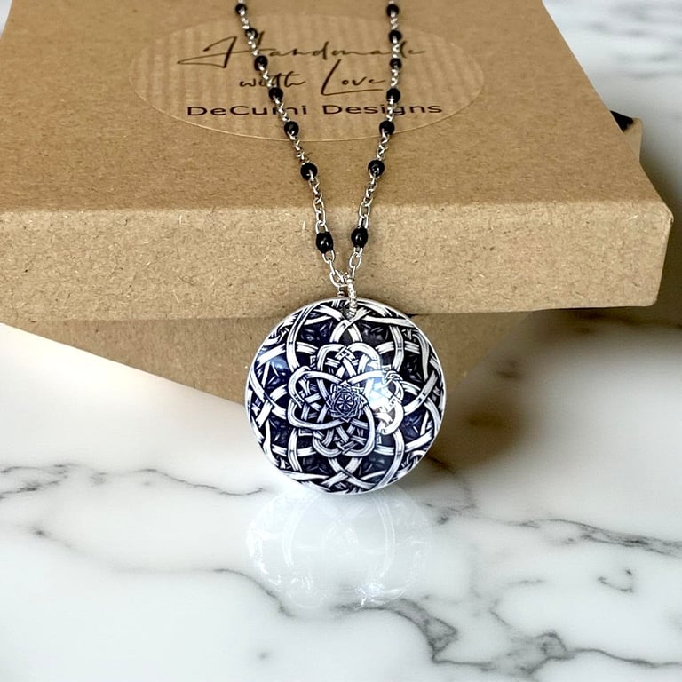 Celtic necklace, black 25mm round pendant, handmade jewellery (CP13BK)