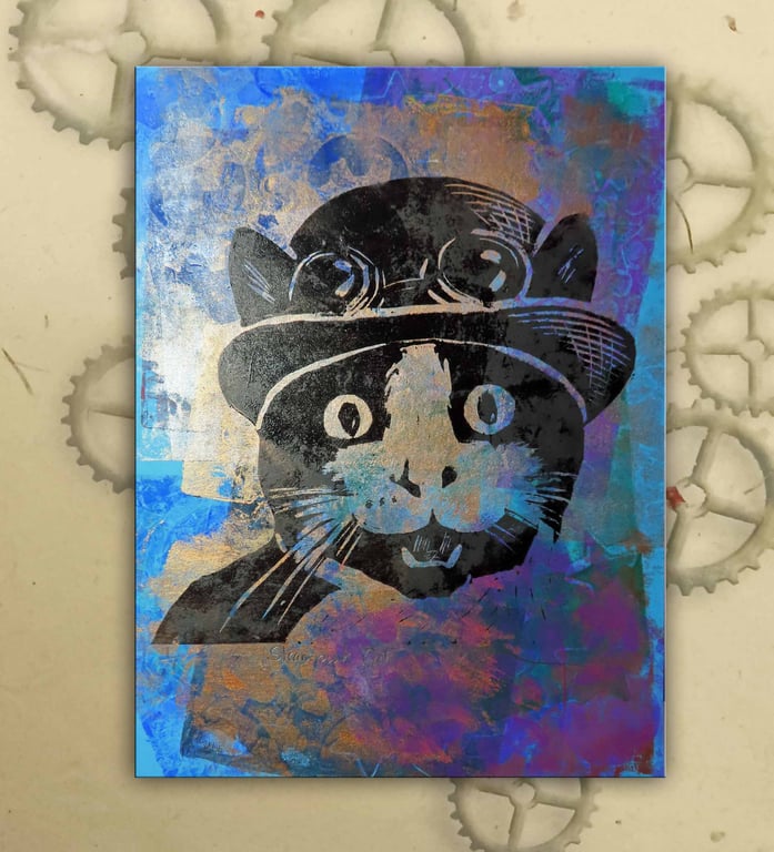 Steampunk Cat One off Hand-Pulled Linocut & Gelli Print Blue