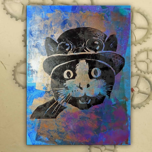 Steampunk Cat One off Hand-Pulled Linocut & Gelli Print Blue