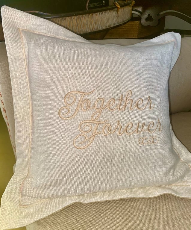 TOGETHER FOREVER XX Vintage Embroidered cushion in Natural on Cream Linen 