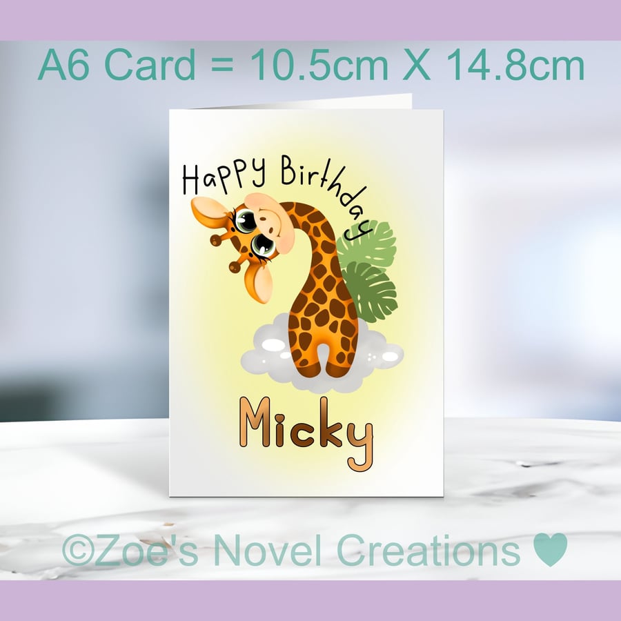 Happy Birthday, Giraffe Greetings Card, personalised, A6 10.5cm x 14.8cm