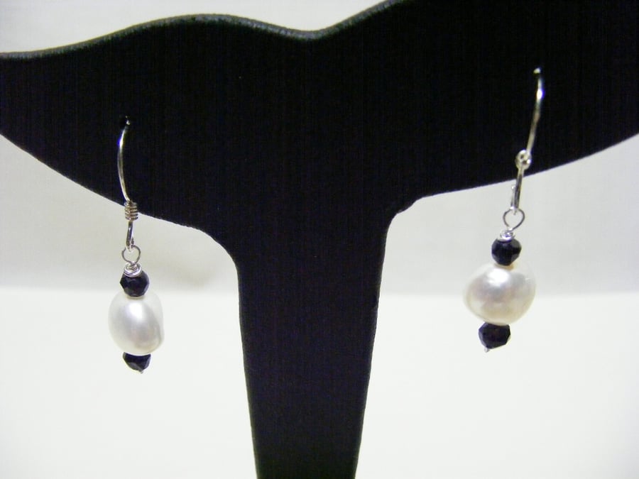 White Freshwater Cultured Pearl and Black Spinel Sterling Silver Earrings