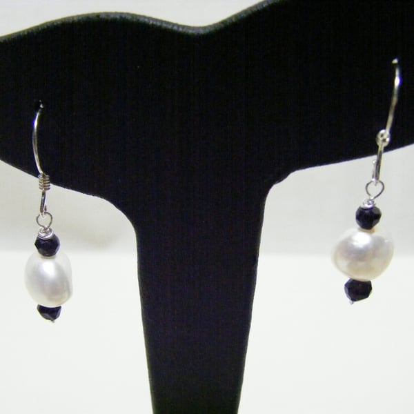 White Freshwater Cultured Pearl and Black Spinel Sterling Silver Earrings