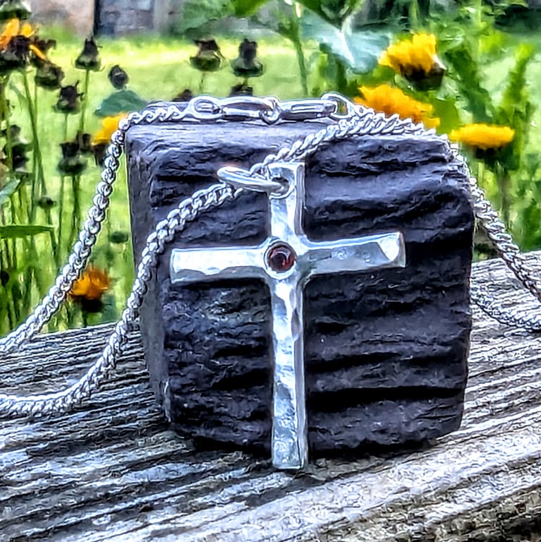 Simple Handmade Silver Garnet Cross 