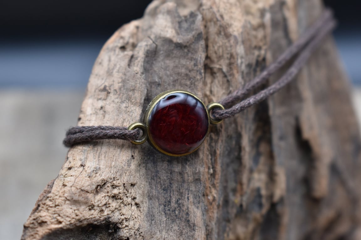 Harris Tweed Resin Bracelet, Red, Adjustable Cotton Cord, Handmade in Scotland