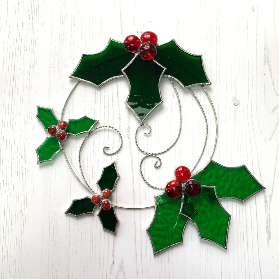 Stained Glass Holly Wreath Sale - Handmade Hanging Window Decorations