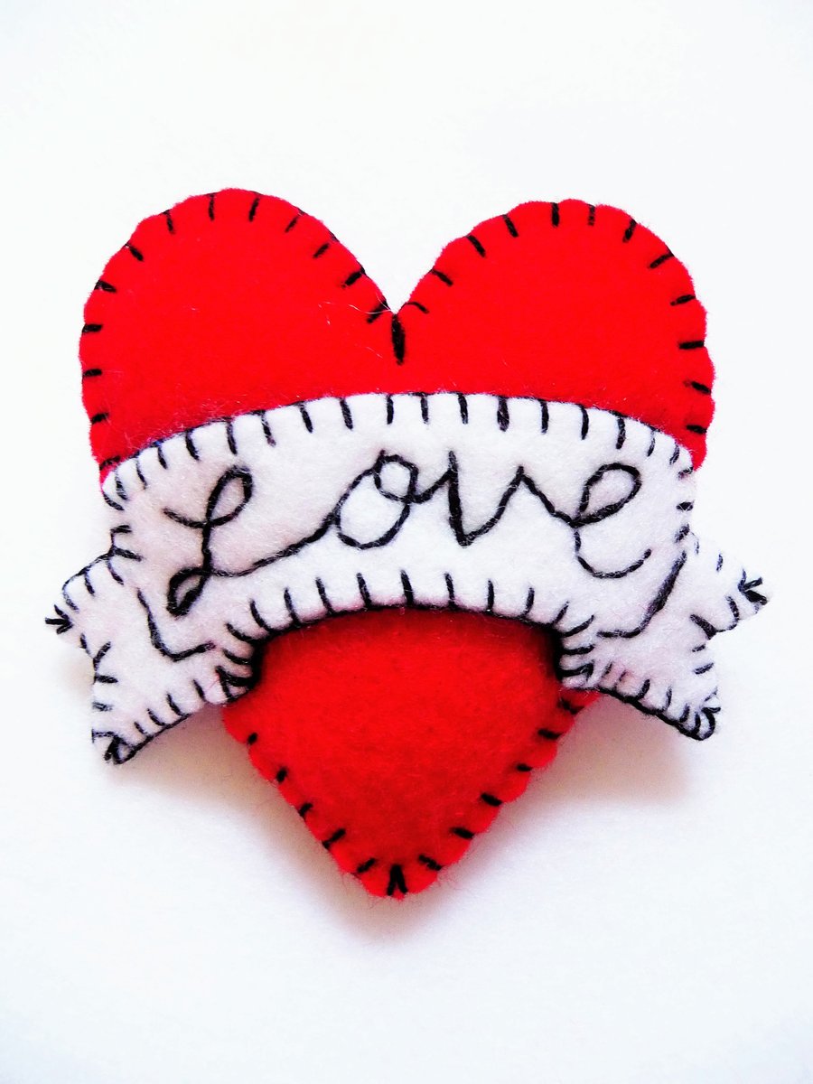 FB062 - Hot Red LOVE Heart Shape Handmade Felt Brooch For Your Loved One 